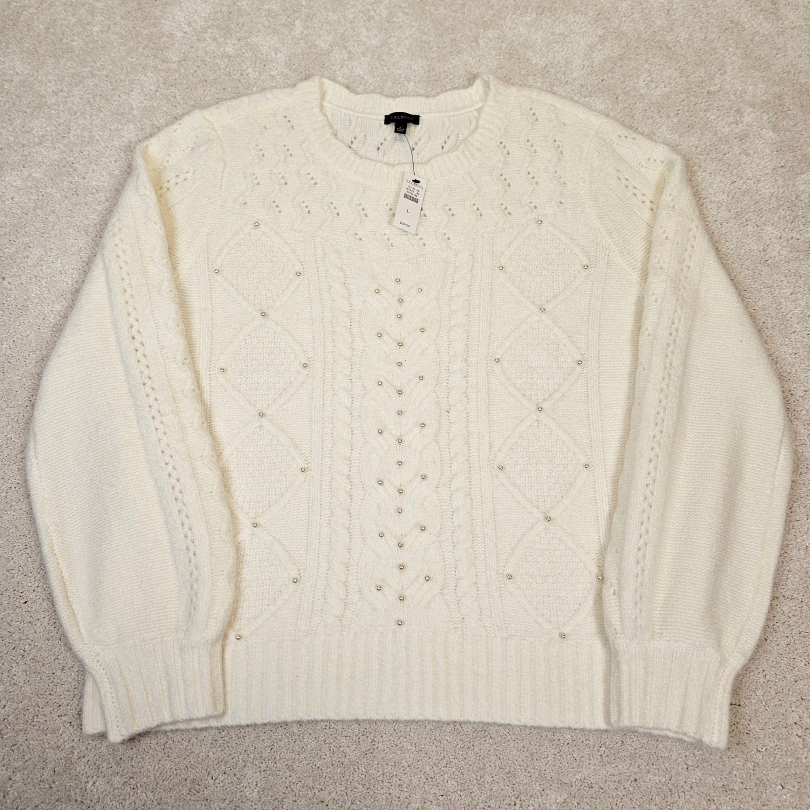 NWTs Talbots Cream Cable Knit Pearl Embellished Sweater L Cottagecore Romantic
