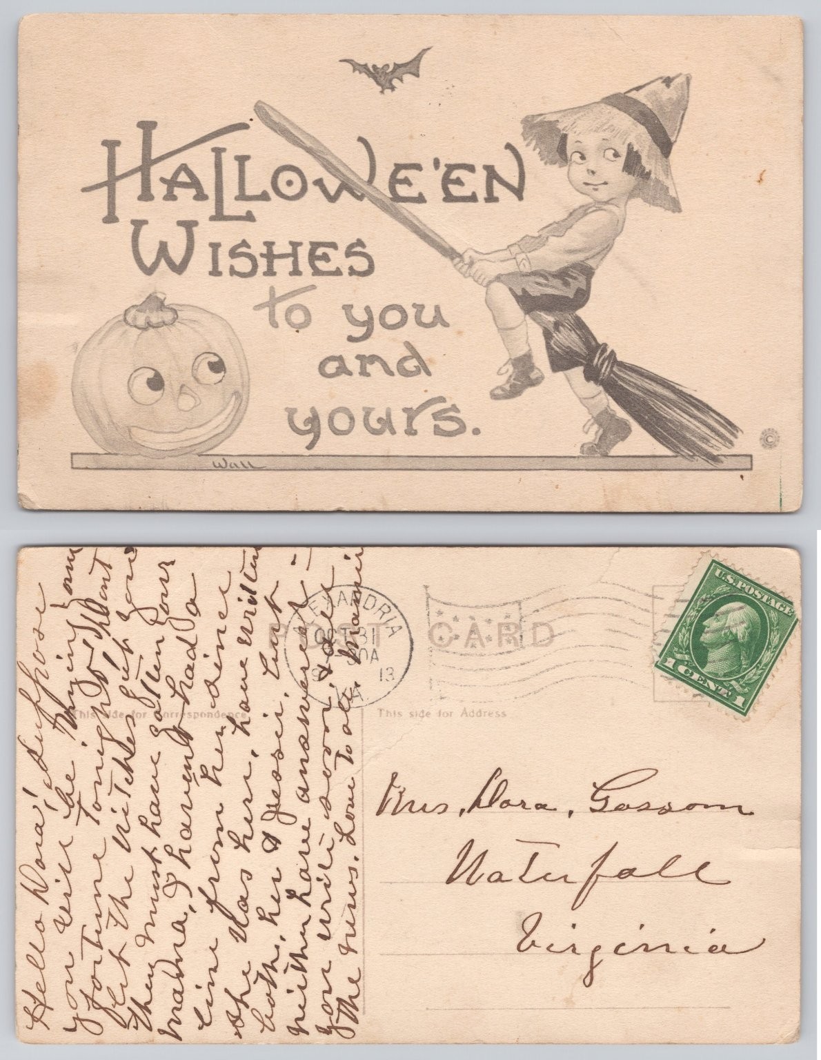1913 Halloween Wishes Postcard Boy on Broom Jack-o\'-Lantern Bat Wall Signed