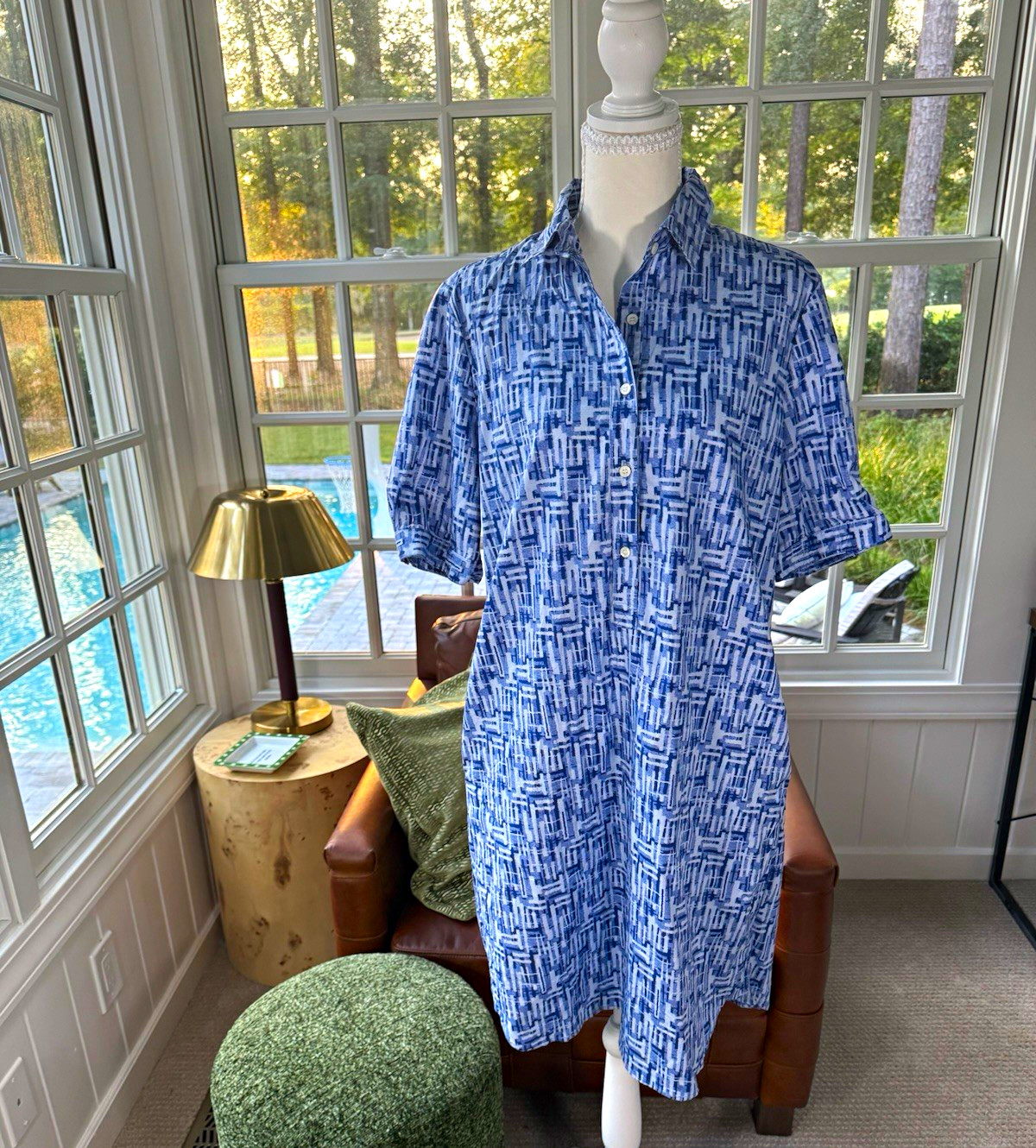 J. McLaughlin Arissa Dress Blue/White Geometric Pockets Collared Button Knee M J. McLaughlin Arissa Dress Blue/White Geometric Pockets Collared Button Knee M
