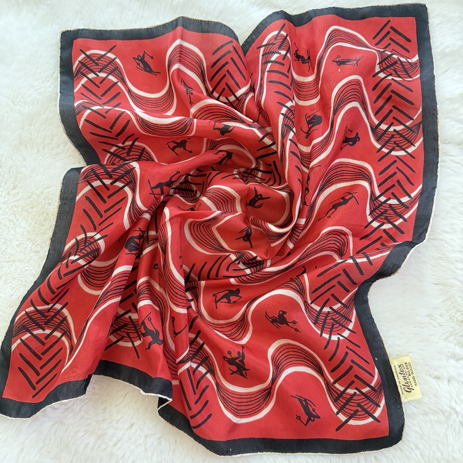 Vtg 1950s 1960s Glentex Silk Ski Scarf Mid Century Modern Abstract Skier Red USA