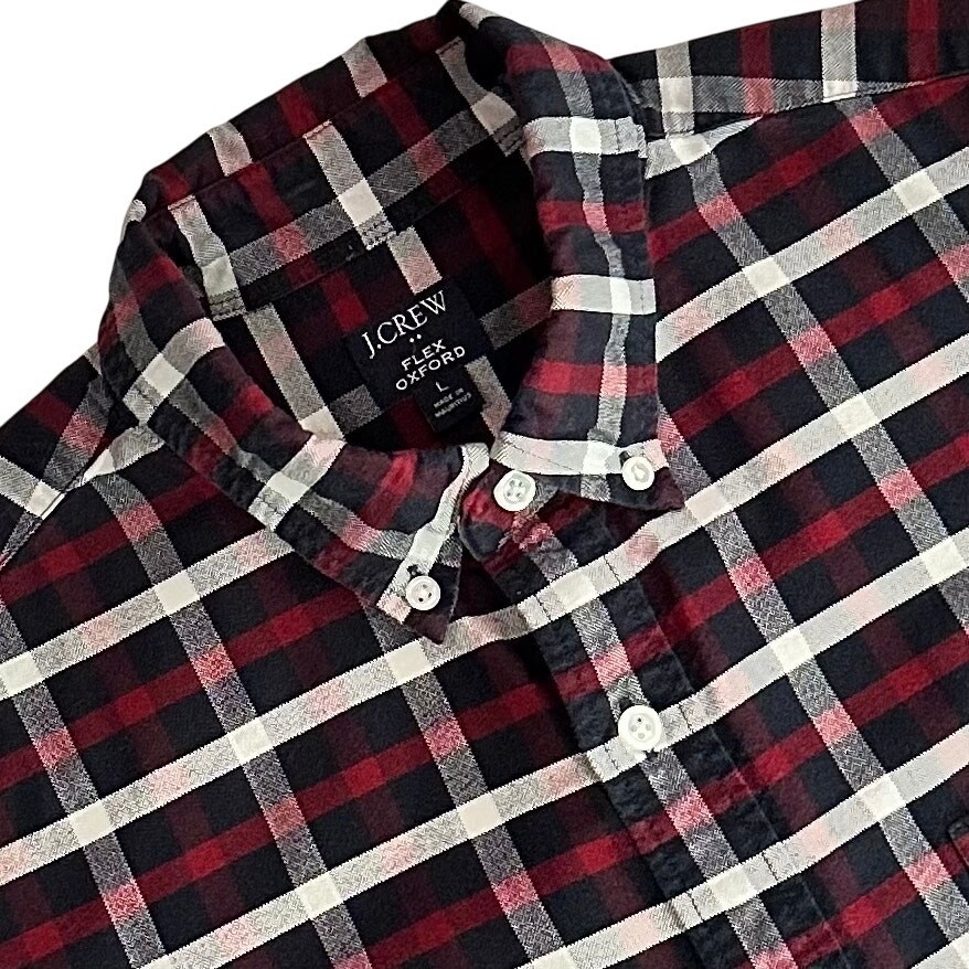 J Crew Men\'s Button Down Flex Oxford Large Navy Red White Plaid