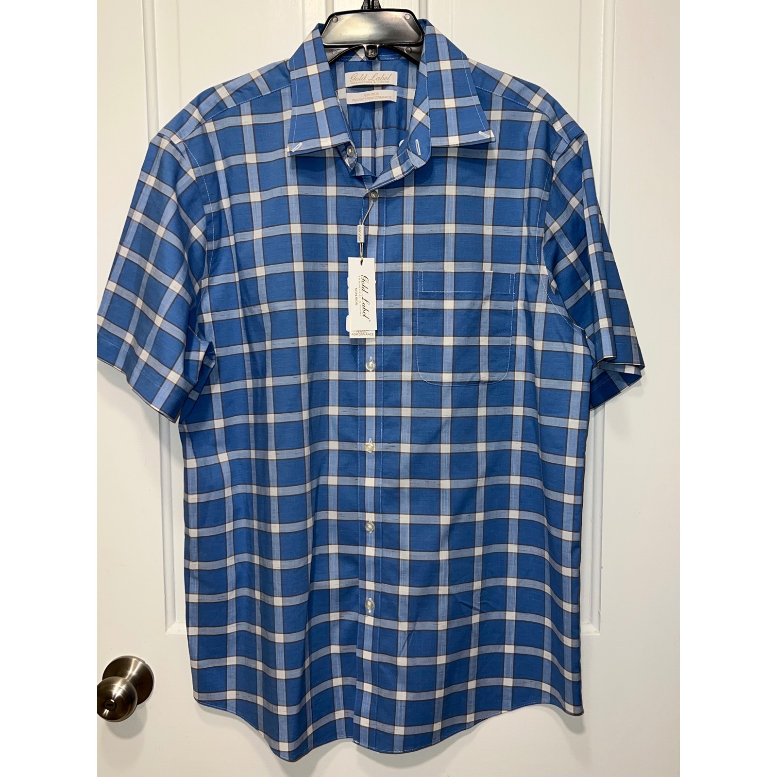 NWT Roundtree & Yorke Gold Label Mens Blue Non-Iron Short Sleeve Shirt Large