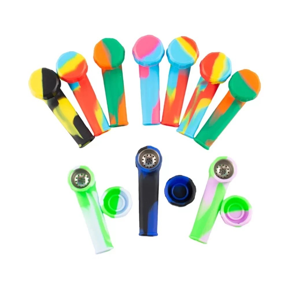 5PC 3.4 Mini Silicone Smoking Hand Pipe Metal Bowl Lid Pocket Pipe Random colors