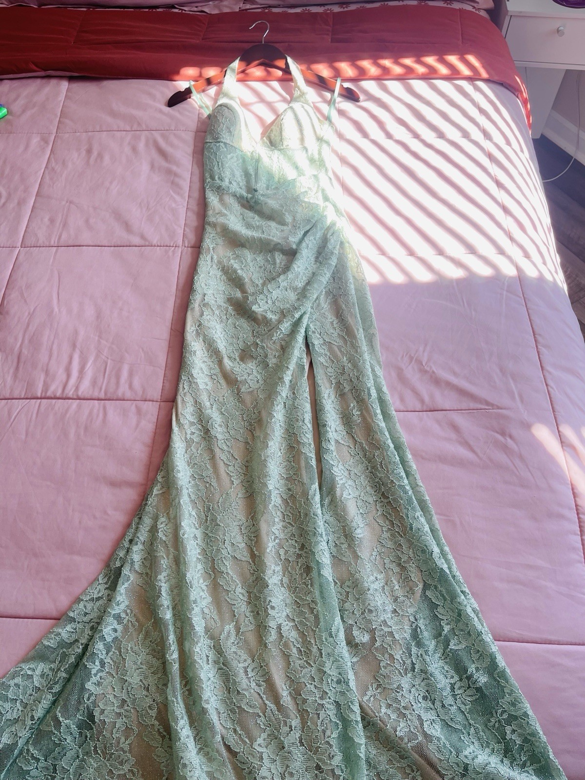 Women’s Green Floral Lace V-Neck Sleeveless Strappy Maxi Dress Size S