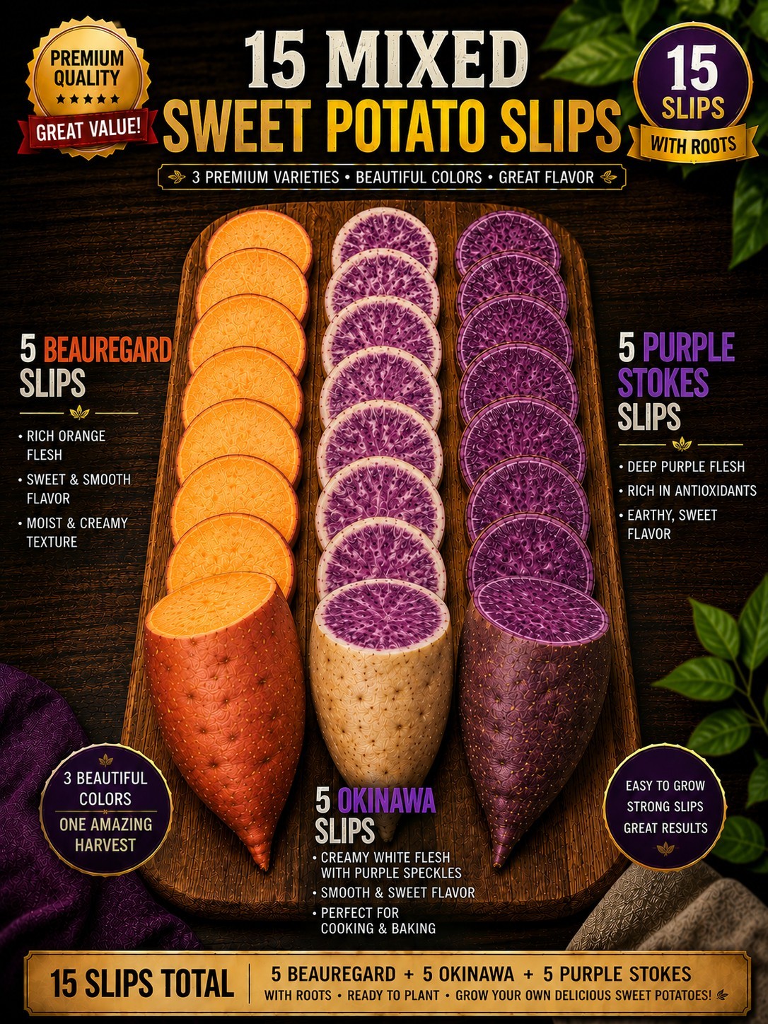 15 Mixed Sweet Potato Slips Variety Beauregard, Okinawa And Purple Stokes Rooted