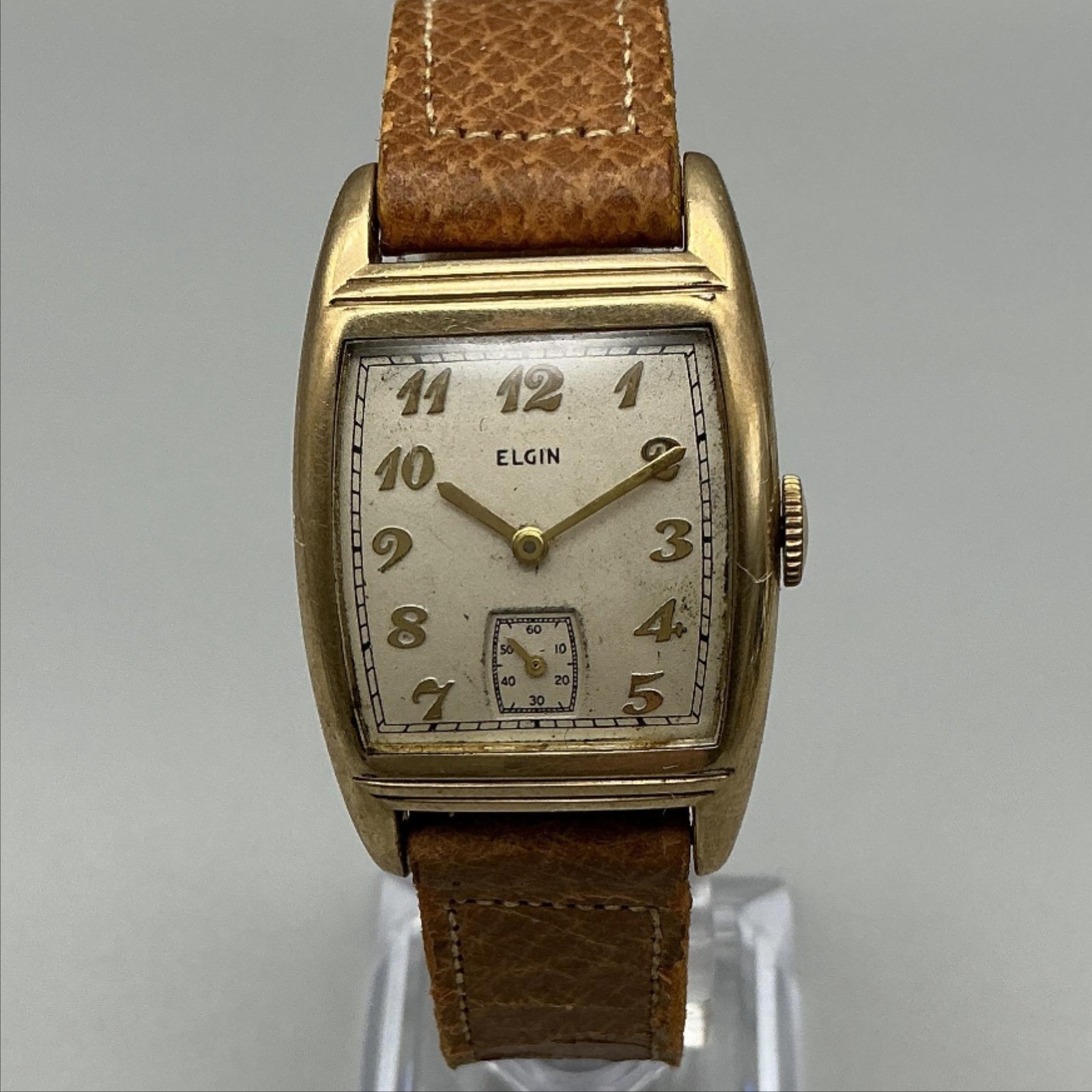 Vintage Elgin Tank Mens Watch 25mm Silver Gold Tone Brown Leather Manual Wind