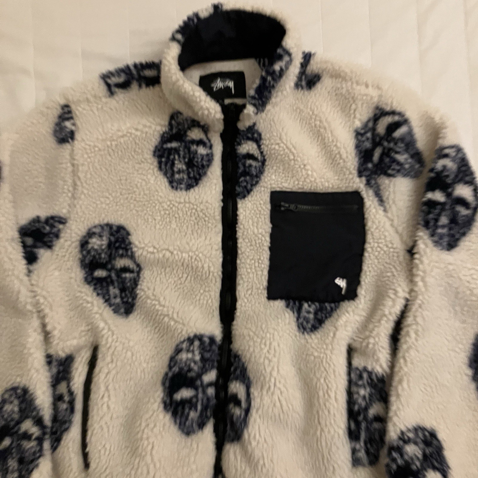 Stussy Men\'s White/Black Fleece Jacket Full Zip Stand-Up Collar Pockets XL