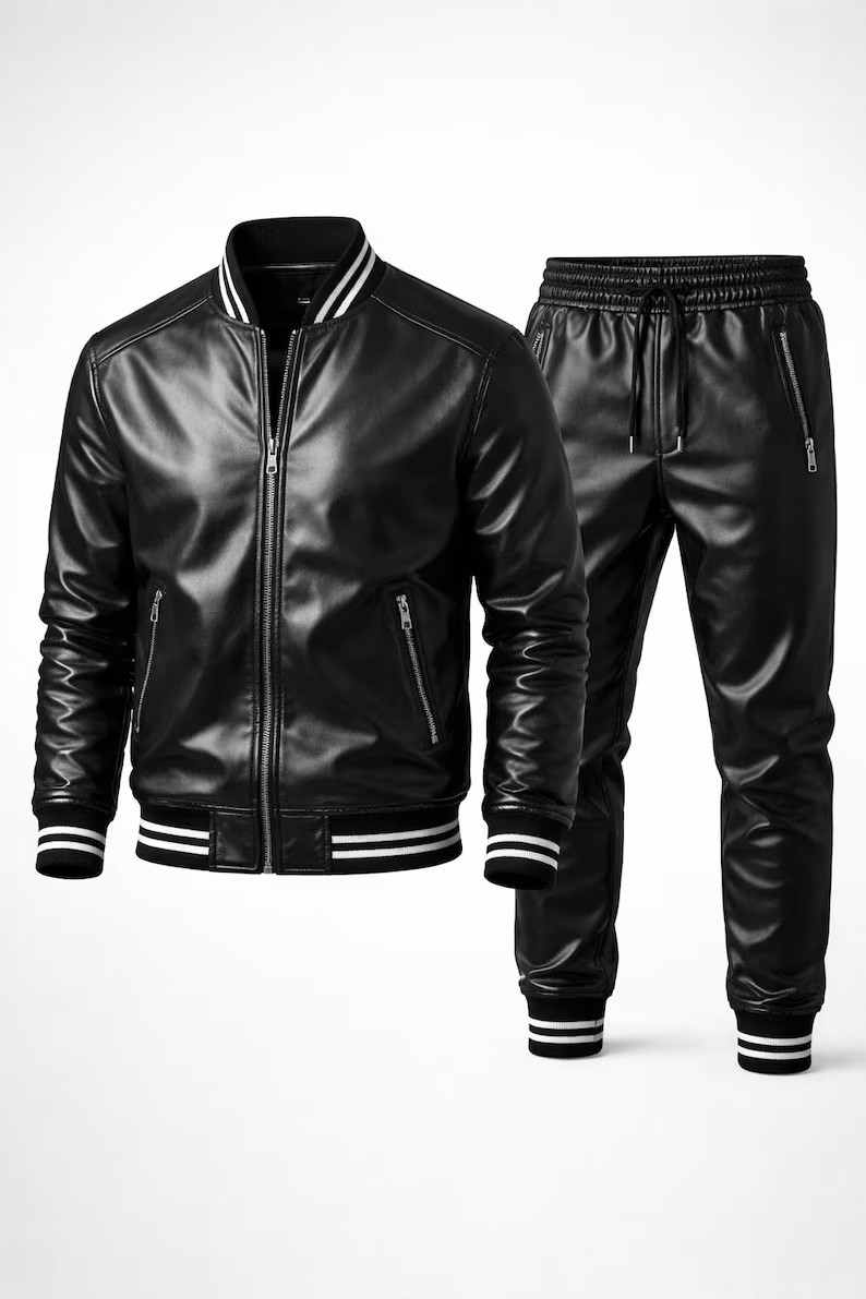 Men’s Leather Tracksuit Set | Genuine Leather Jacket & Pant  Wear Outfit