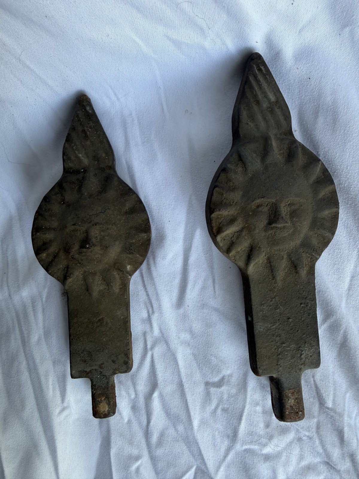 Pair of Antique Cast Iron Sun Face Celestial Fireplace Andiron Inserts - 8x3