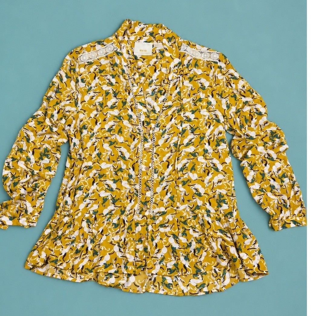 Maeve Anthropologie Size 6 Rabbit Print Peplum Blouse Mustard Lace Boho