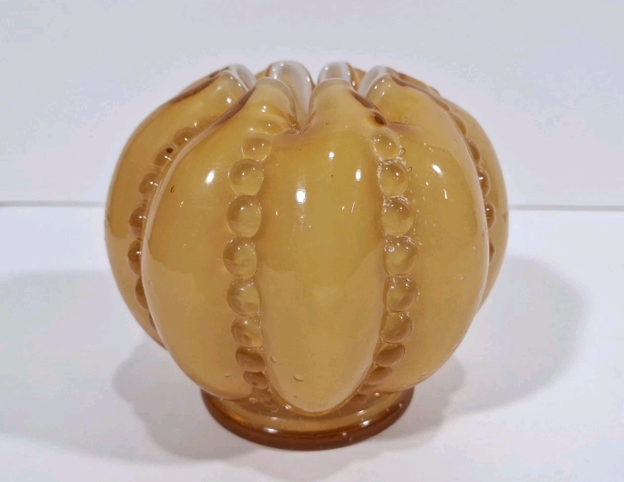 Fenton art glass ribbed beaded honey amber overlay white bowl vase vintage 