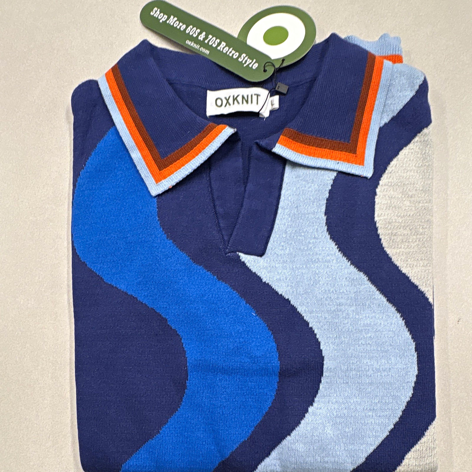 OXKNIT Men\'s L Colorblock Knit Polo Shirt Blue/Gray/Orange Short Sleeve Collar OXKNIT Men\'s L Colorblock Knit Polo Shirt Blue/Gray/Orange Short Sleeve Collar