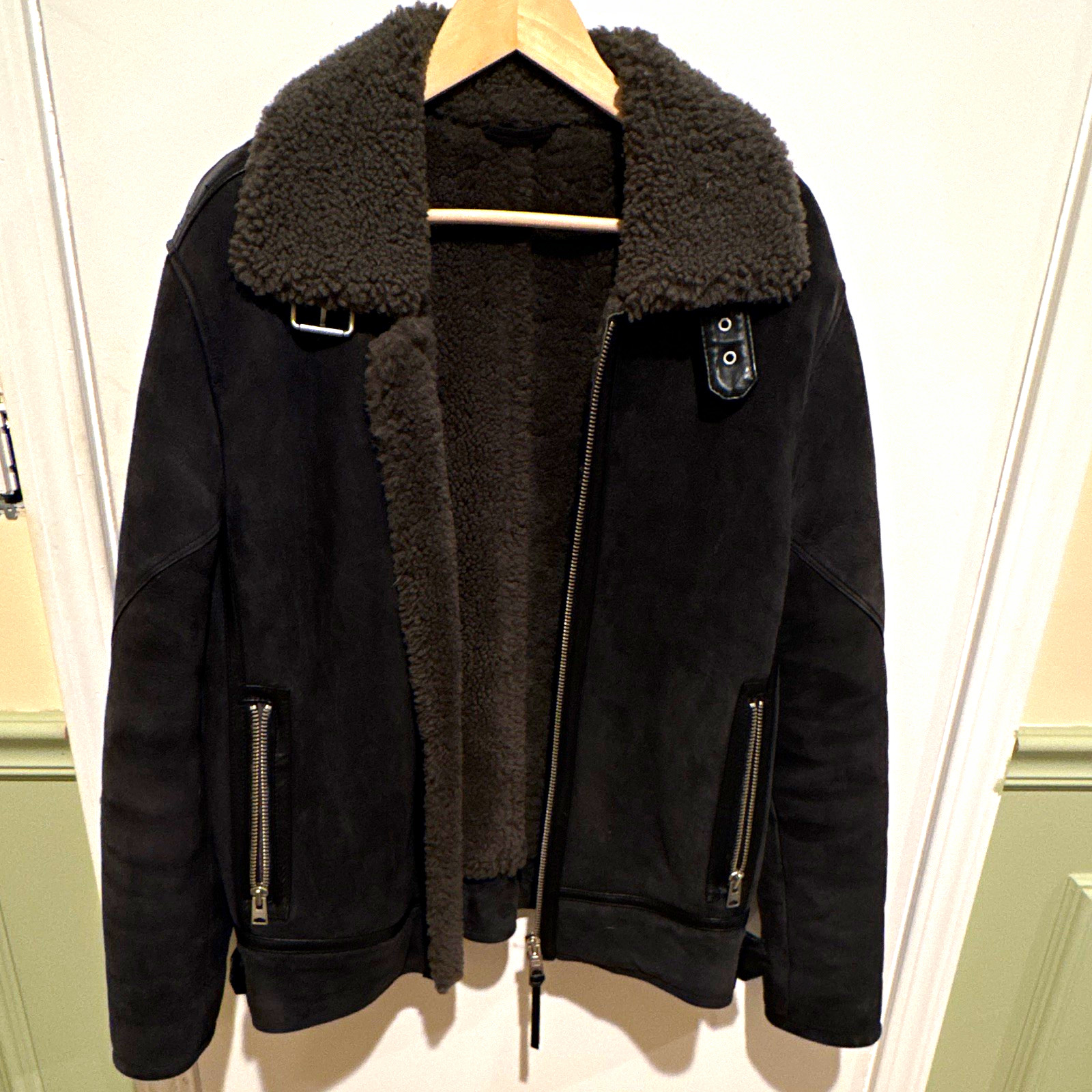ALLSAINTS Men’s L Black/Gray Moto Jacket Full Shearling Lined