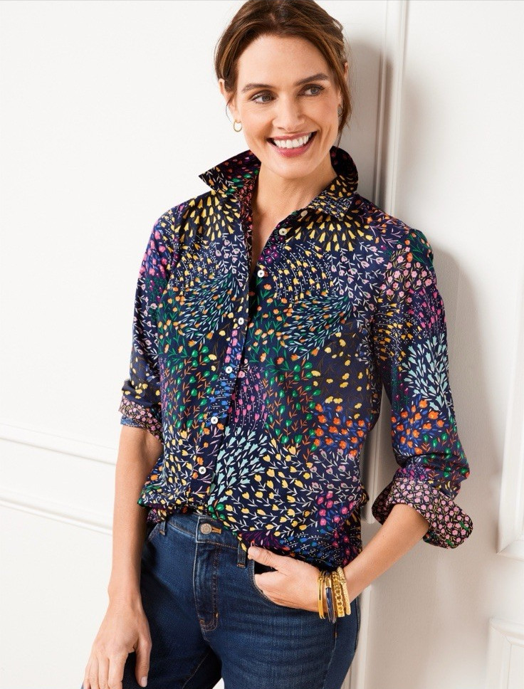 NEW Talbots Cotton Button Front Shirt Size XS Blue with Floral Bunches
