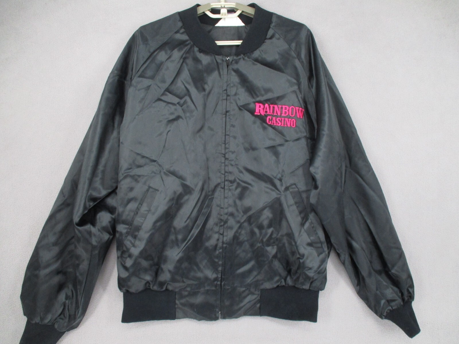 Vintage Rainbow Casino Jacket Mens Large Black Satin Bomber Las Vegas USA Ribbed