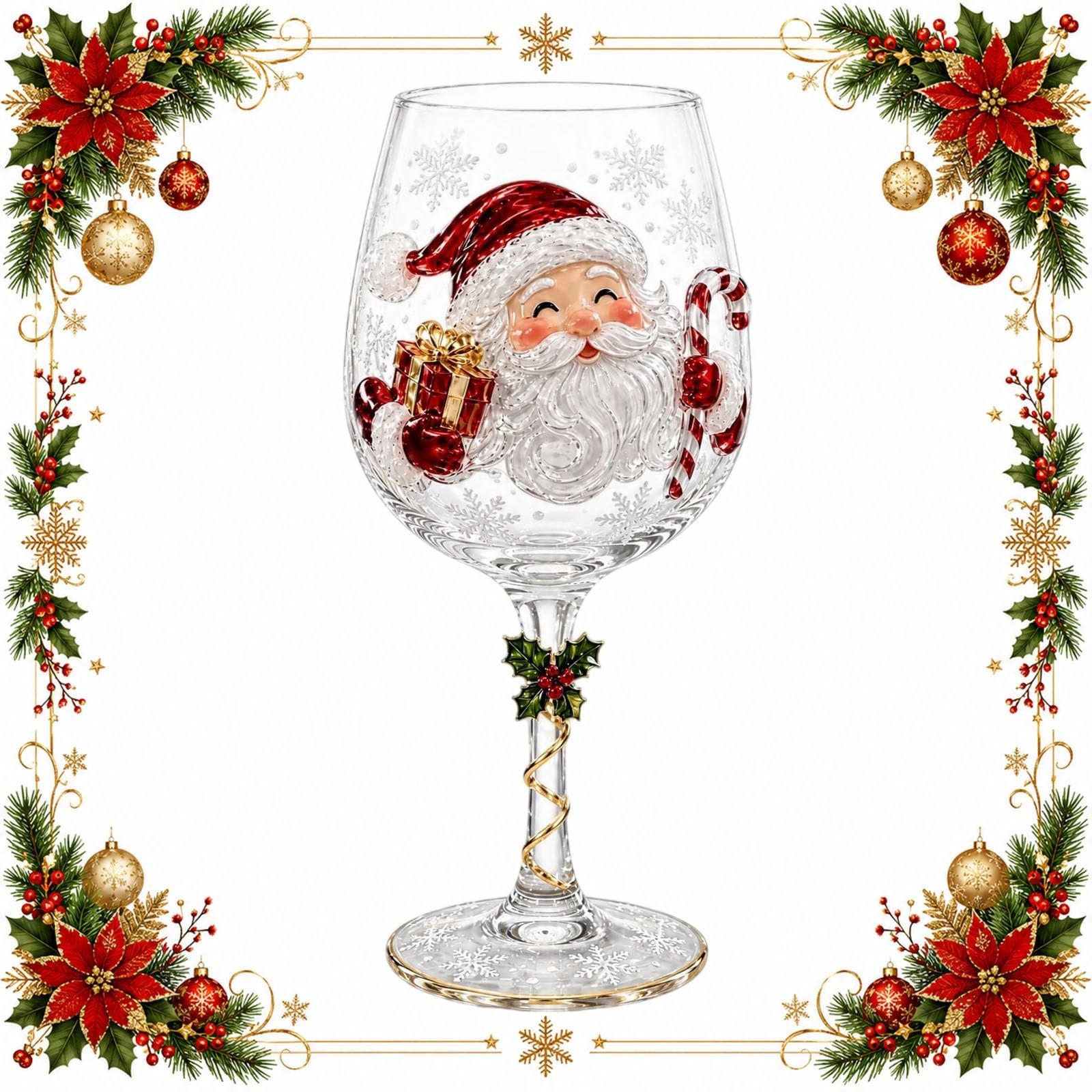 Christmas 3D Wine Glass Collection Gift Box Set, Raised Holiday Goblets for Wine