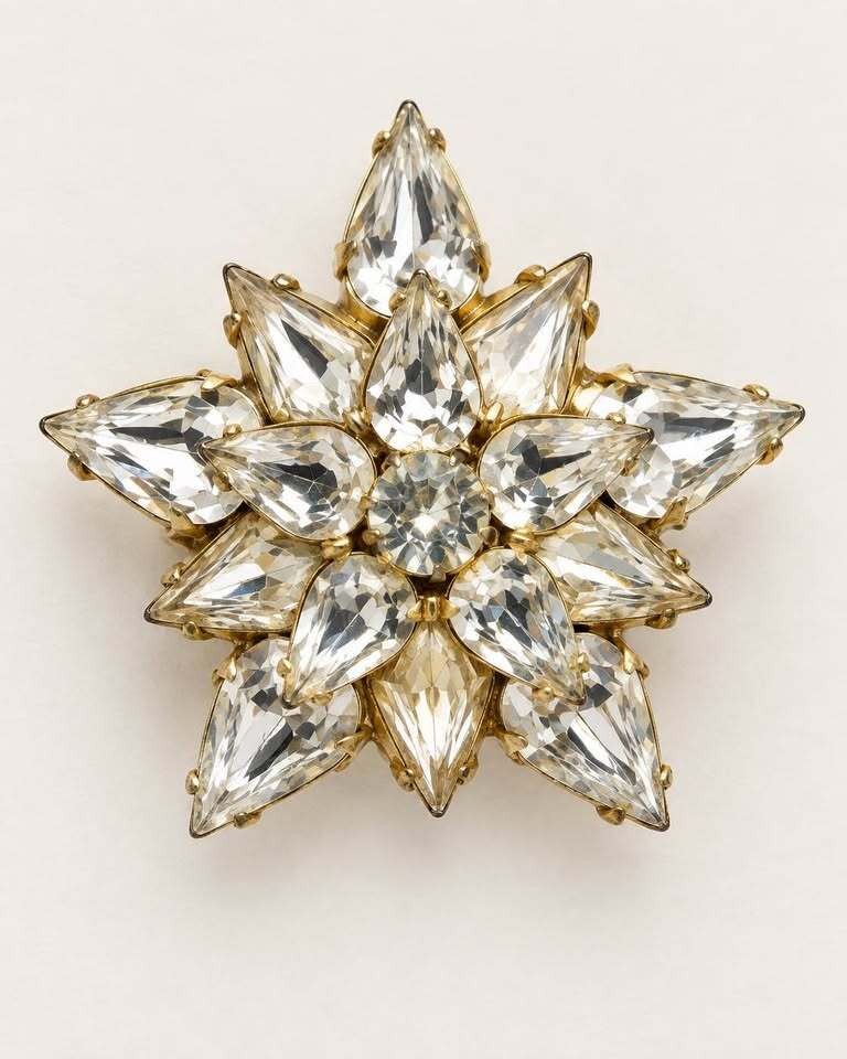 Vintage WEISS Rhinestone Starburst Brooch Clear Crystal Gold Tone Signed Jewelry