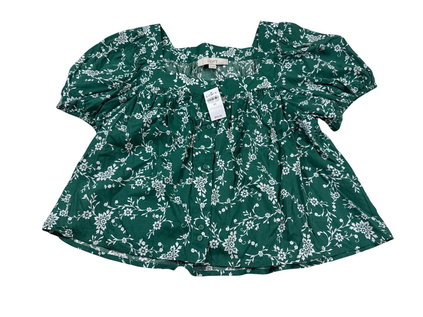 NWT Ann Taylor Loft Green Floral Button Front Puff Sleeve Top XS (CC1076)