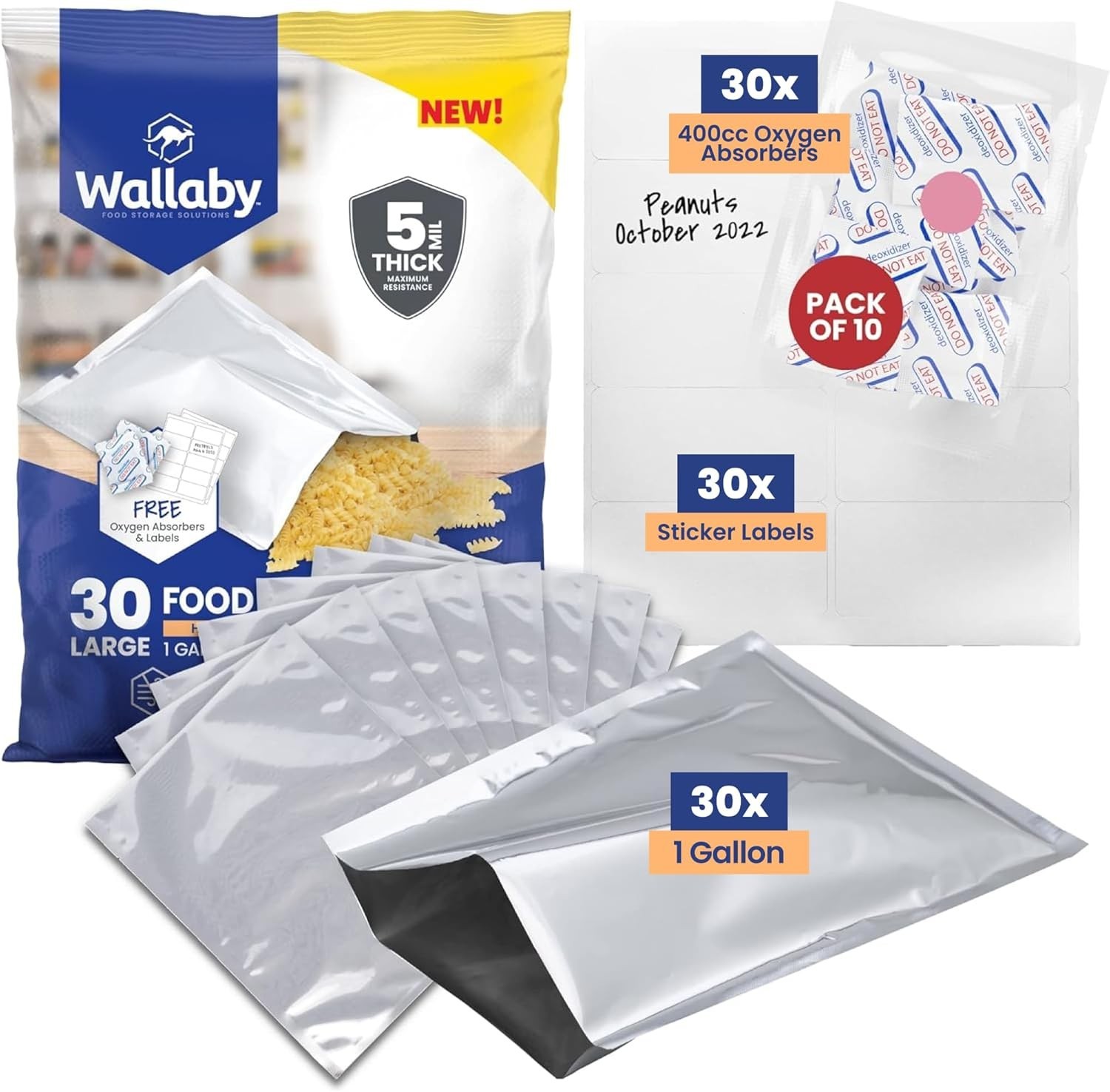 30 Count 1-Gallon Mylar Bags with 400cc Oxygen Absorbers, 5 Mil Total Thickness