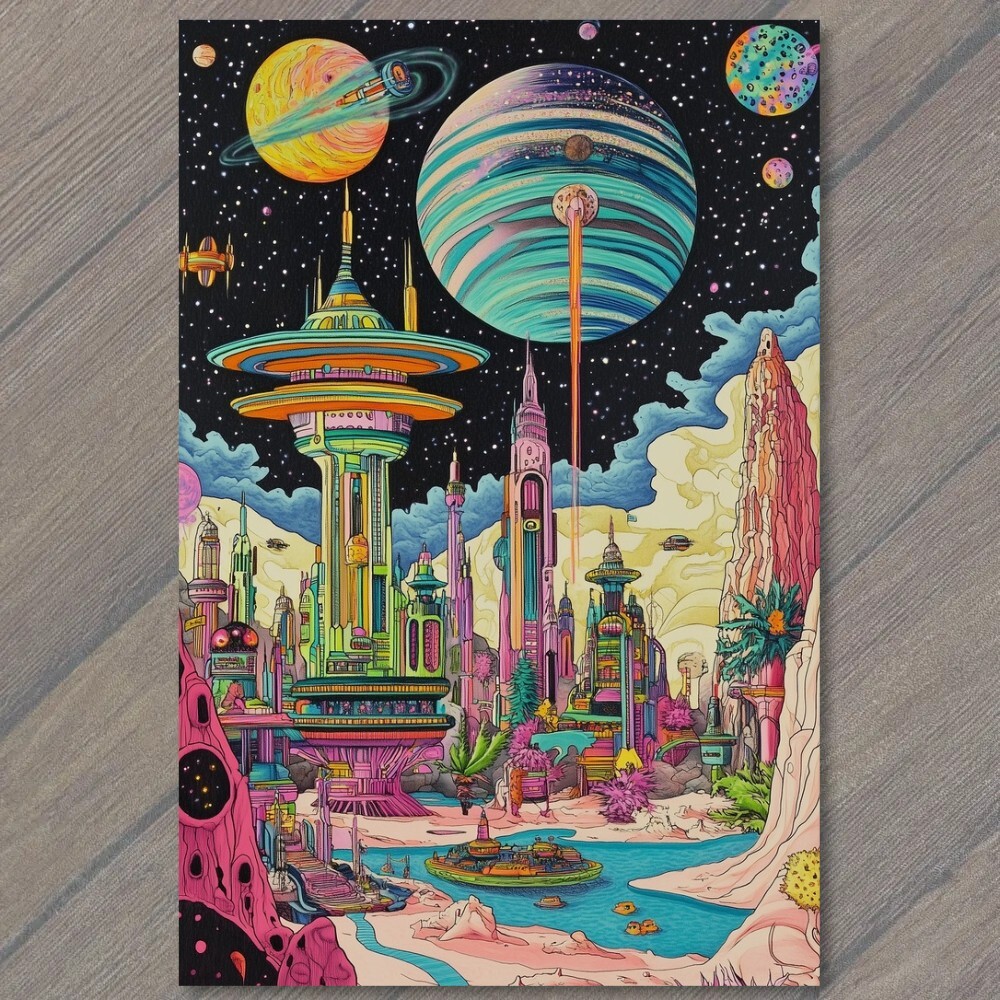 STICKER Futuristic Cityscape Neon Sci-Fi Alien World Space Scene Planets