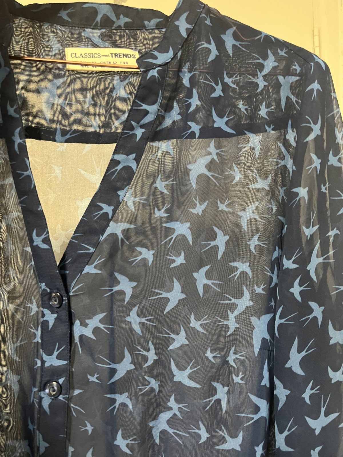 90s Vintage Women\'s Blue Birds Swallows Print Blouse/Shirt