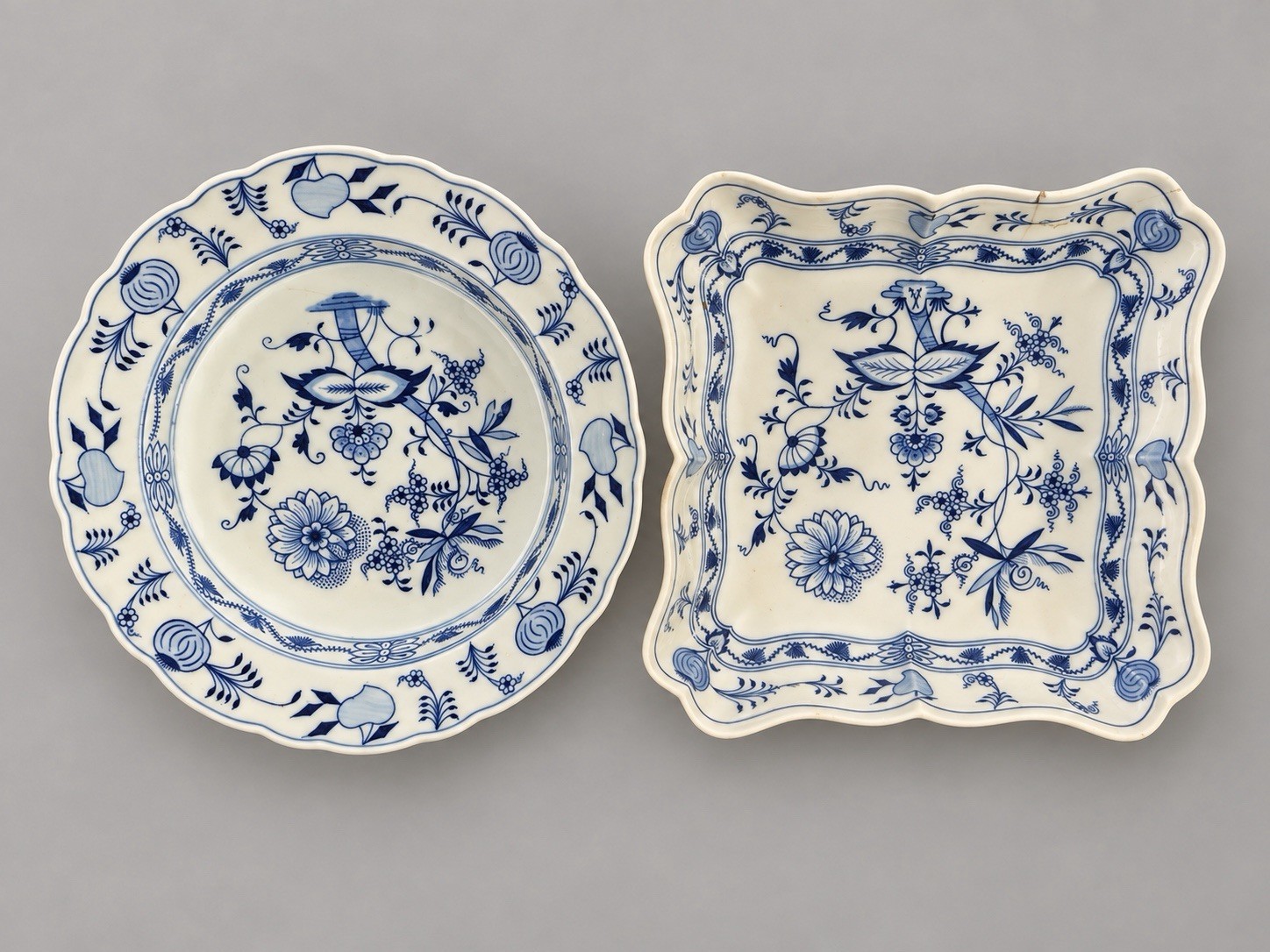 Antique Meissen Blue Onion 9” Square Bowl & Thun Klösterle Meissen 10” Bowl