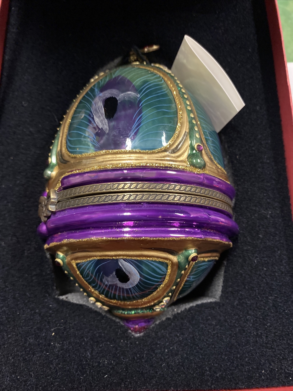 Komozja Family Glass Ornament Hinged Egg -Peacock Jeweled Figurine Brass Stand