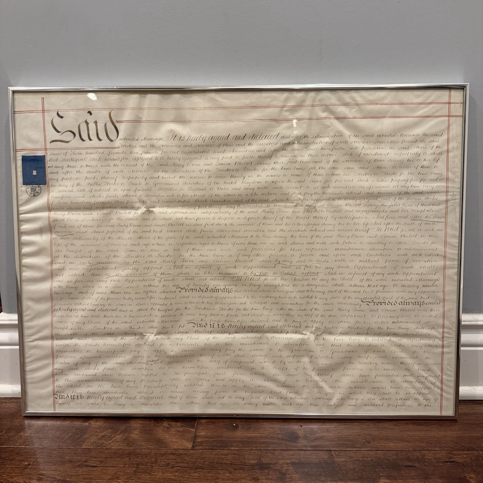 1864 Victorian Vellum Marriage Settlement Framed Henry Burn Louisa Winbolt