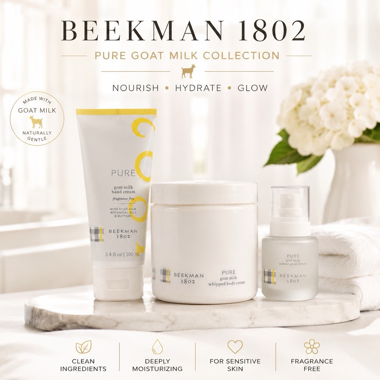 Beekman 1802 Pure Goat Milk Body Cream Hand Cream Serum Fragrance Free 3pc Set