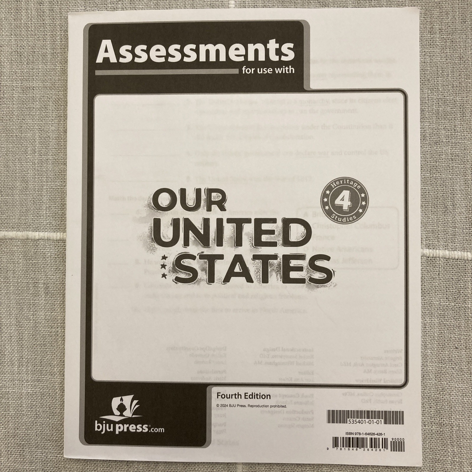 NEW BJU HERITAGE STUDIES 4 Student TESTS / ASSESSMENTS Our United States History