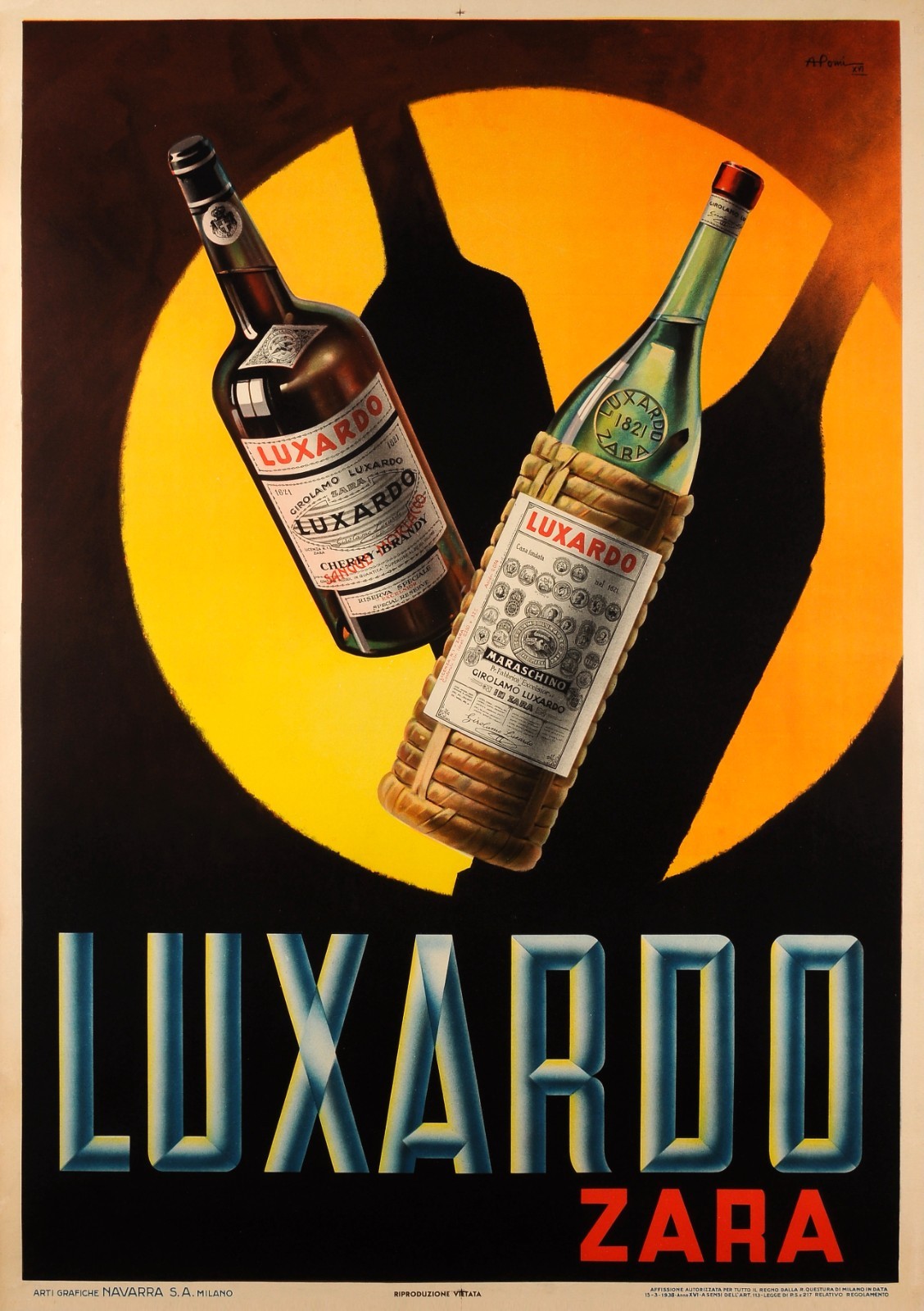 Original Vintage ART DECO Poster Luxardo Zara Cherry Brandy, Pomi 1938
