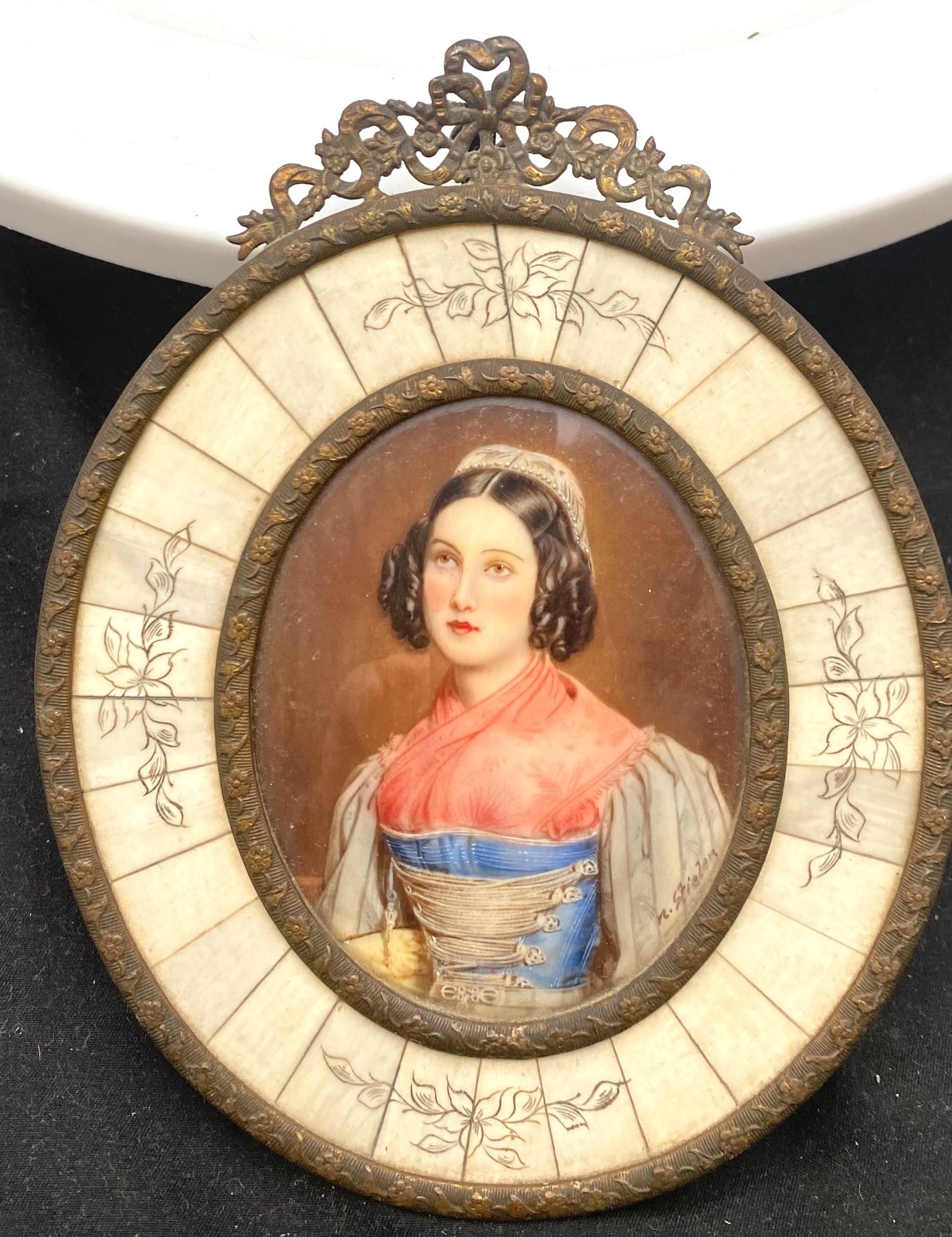 ANTIQUE MINIATURE PORTRAIT OVAL PAINTING HELENE SEDLMAYR AFTER STIELER c1900