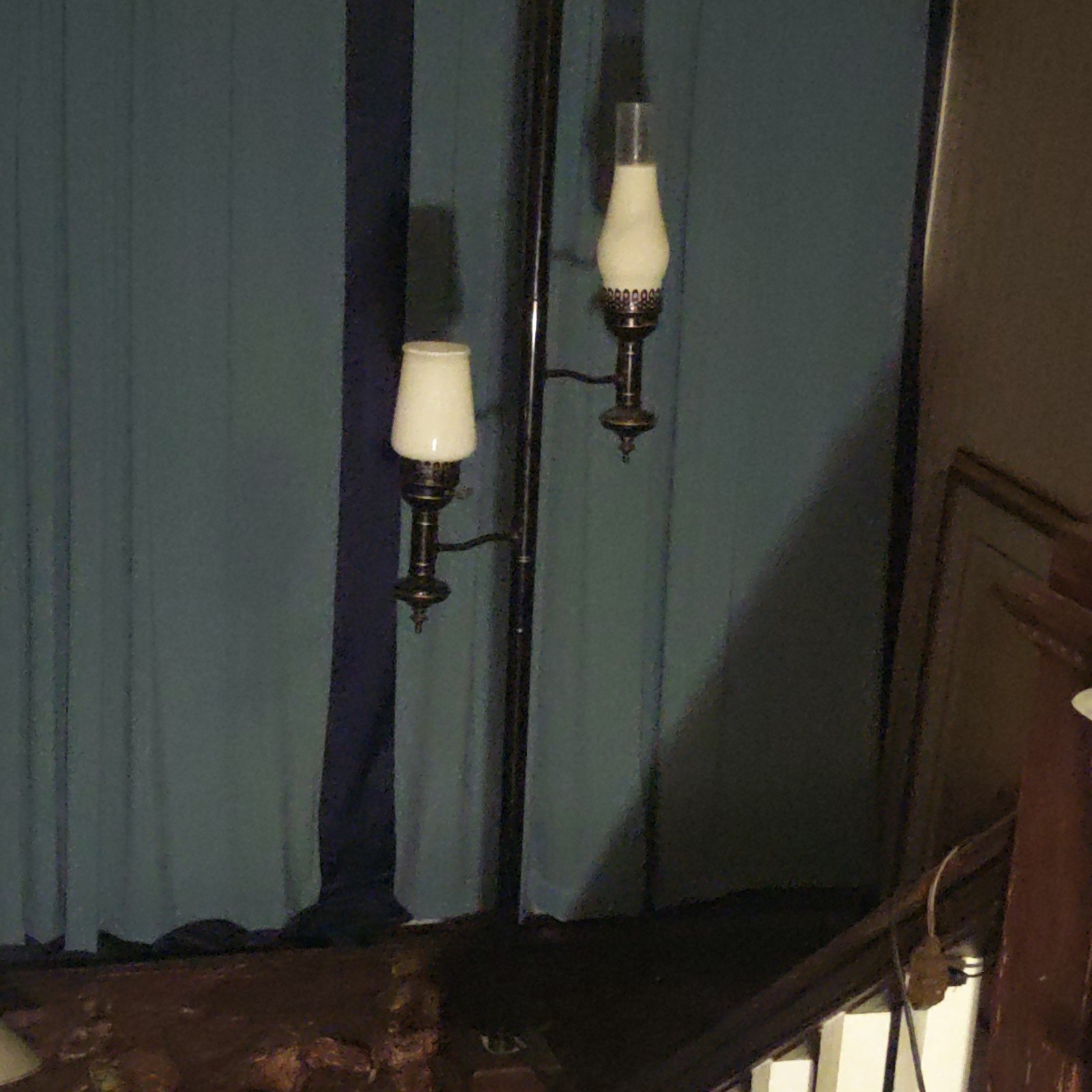 Vintage 7 ft.  2-Light Tension Pole Black Metal Floor Lamp Milk Glass Shades 