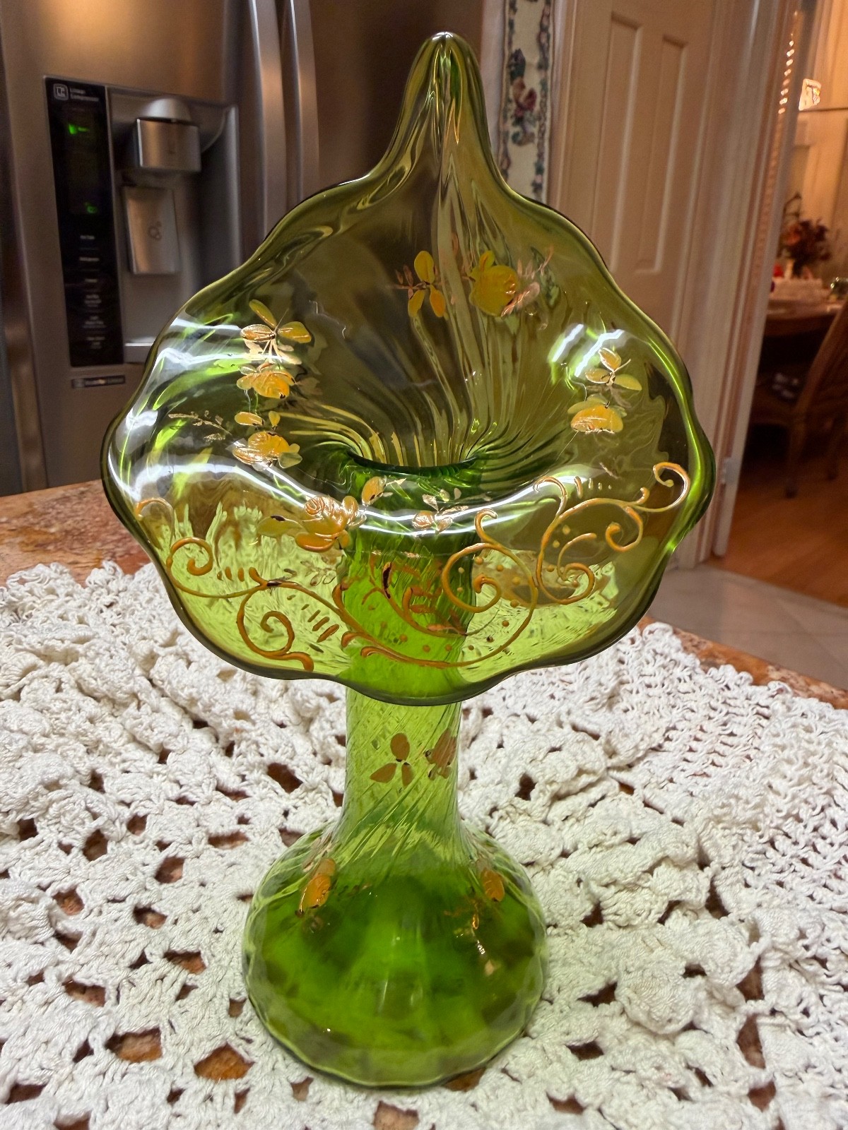 Antique Bohemian Jack In the Pulpit Vase, Green Swirled Glass,  Gold Floral 9”
