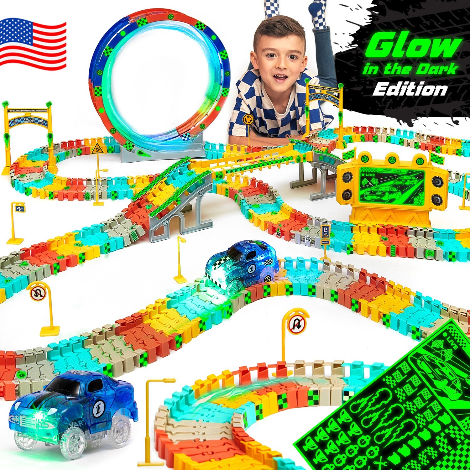 Race Track Cars Kids Gift Set Twister Glow in the Dark Flexible Magic Twisting
