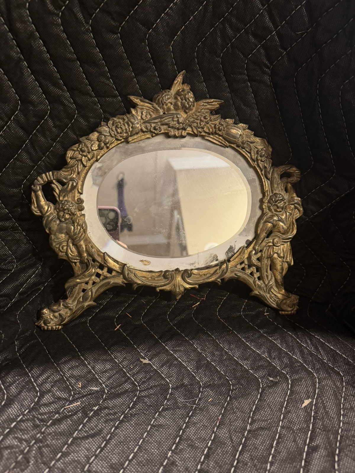 Antique Victorian Cast Iron Gilded Vanity Dresser Mirror Cherubs 10.5 Antique Victorian Cast Iron Gilded Vanity Dresser Mirror Cherubs 10.5