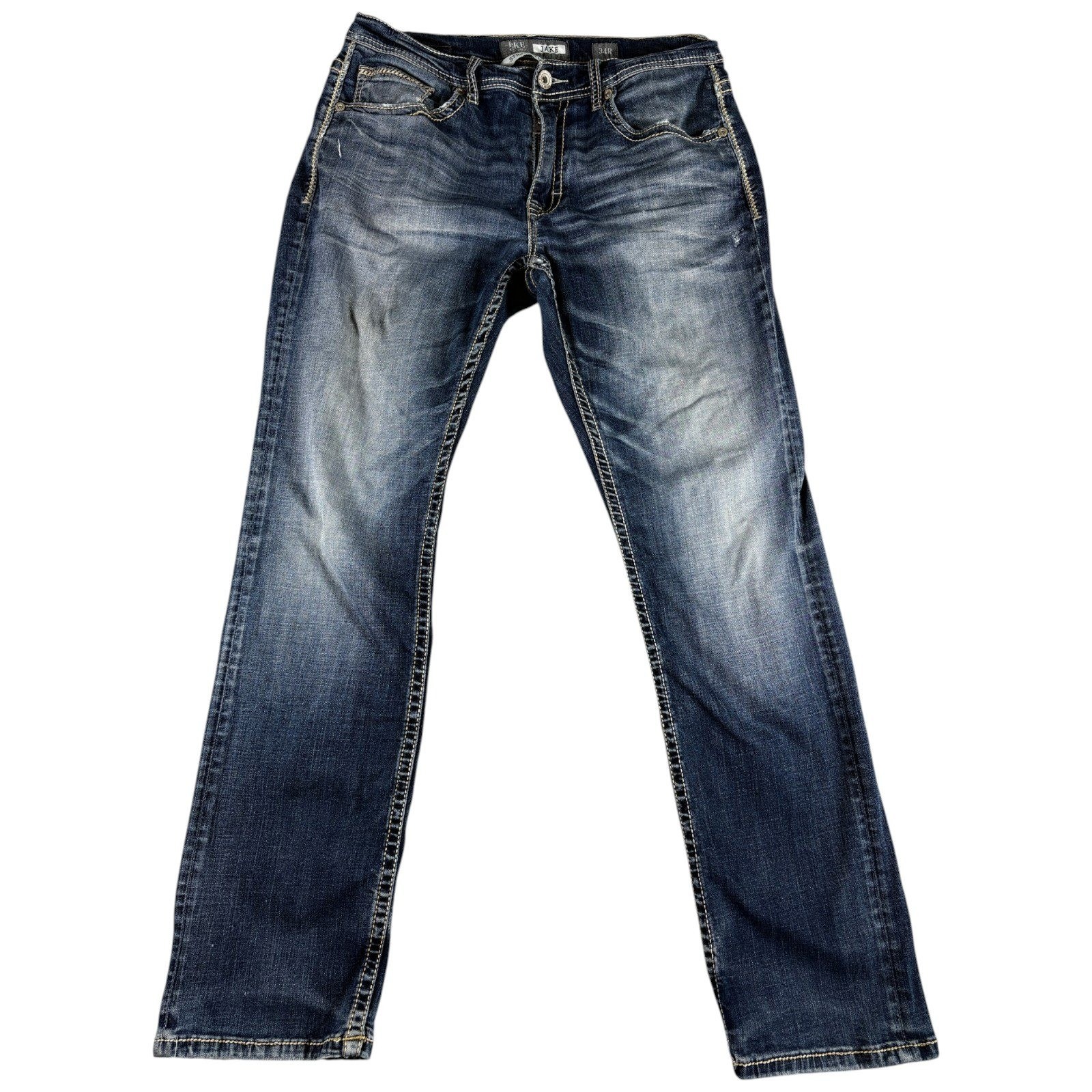 BKE Jake Jeans Men\'s 34R Dark Washed Straight Leg Heritage Distressed Workwear