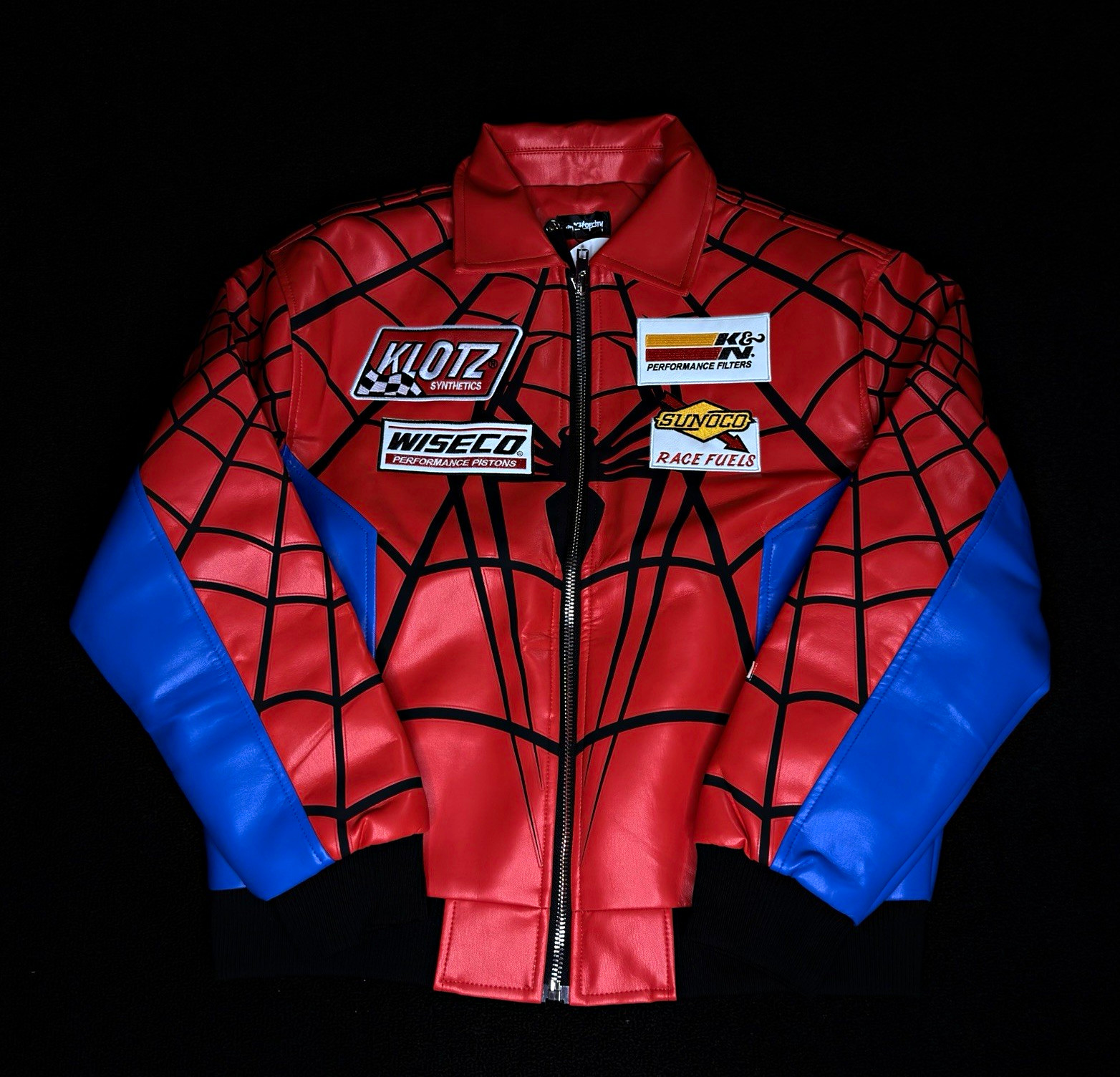 Supreme Spiderweb Leather Jacket Spider-Man Theme Red/Blue/Black Zip Lined L