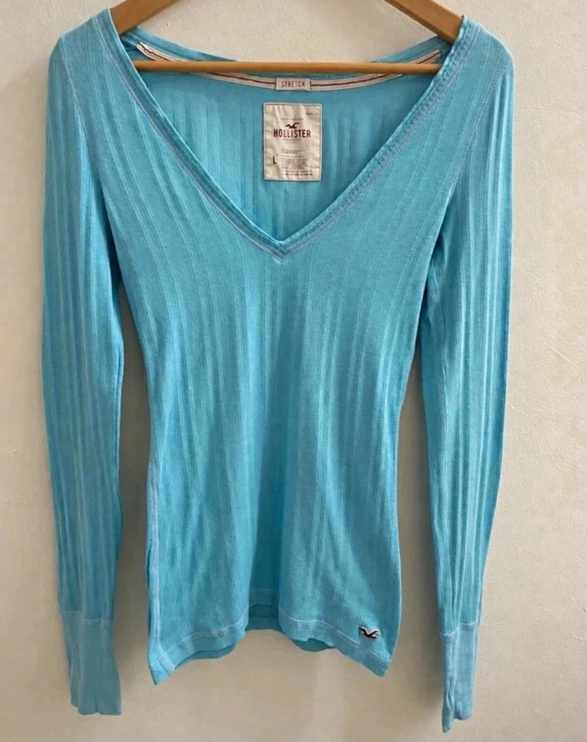 Y2K Hollister Blue Ribbed V-Neck Long Sleeve Stretch Logo Top Size L