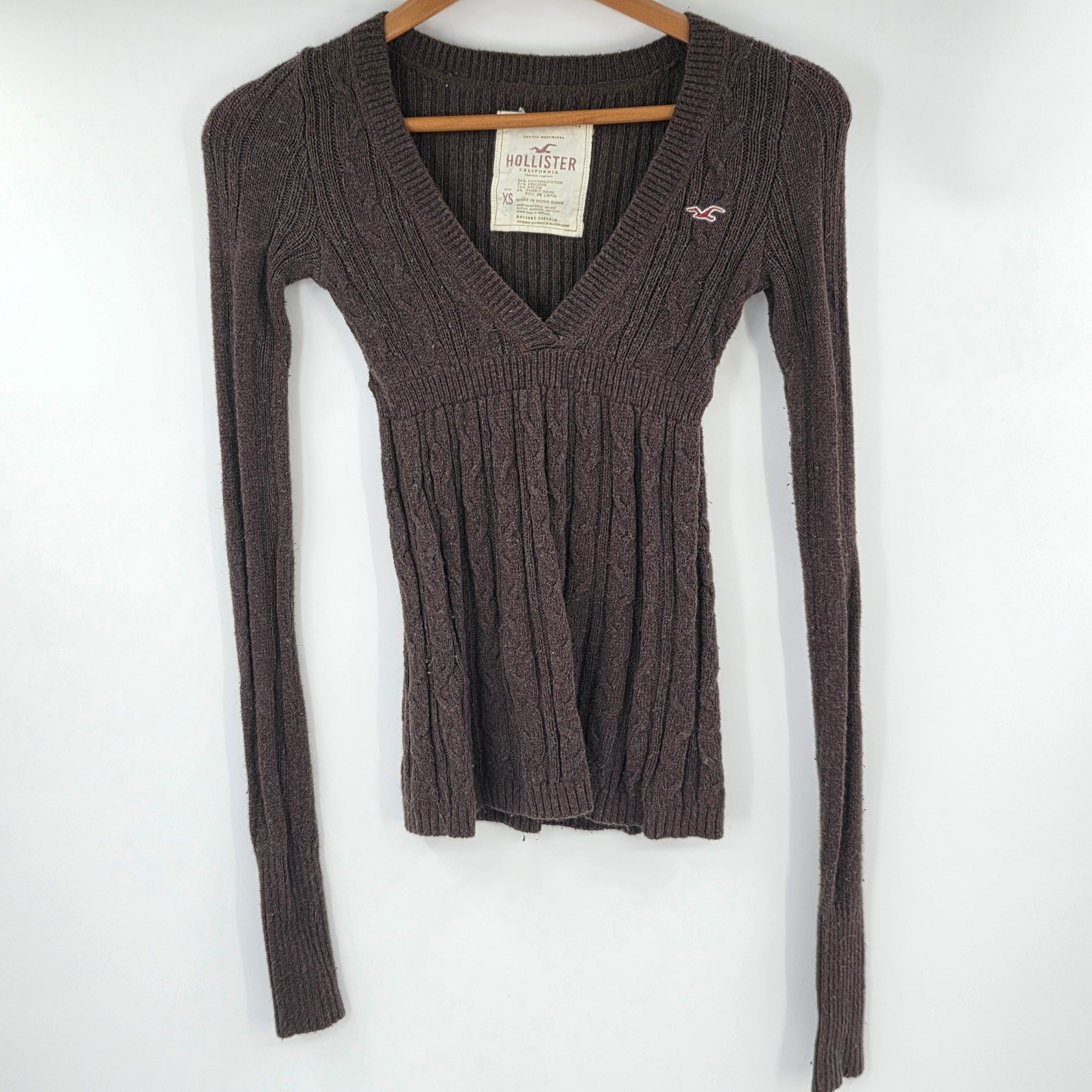 Hollister Y2K Brown Cable Knit V-Neck Empire Waist Sweater XS