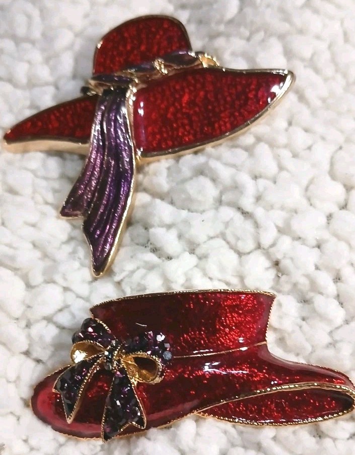 2 Vintatge Red Hat Society Pin & Clip Signed Scarlet OHara Signed T&T Enamel