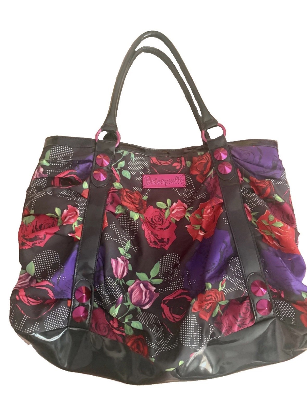 Vintage Betseyville Betsey Johnson Punk Tote Bag Hot Pink Purple Skulls Roses 🌹