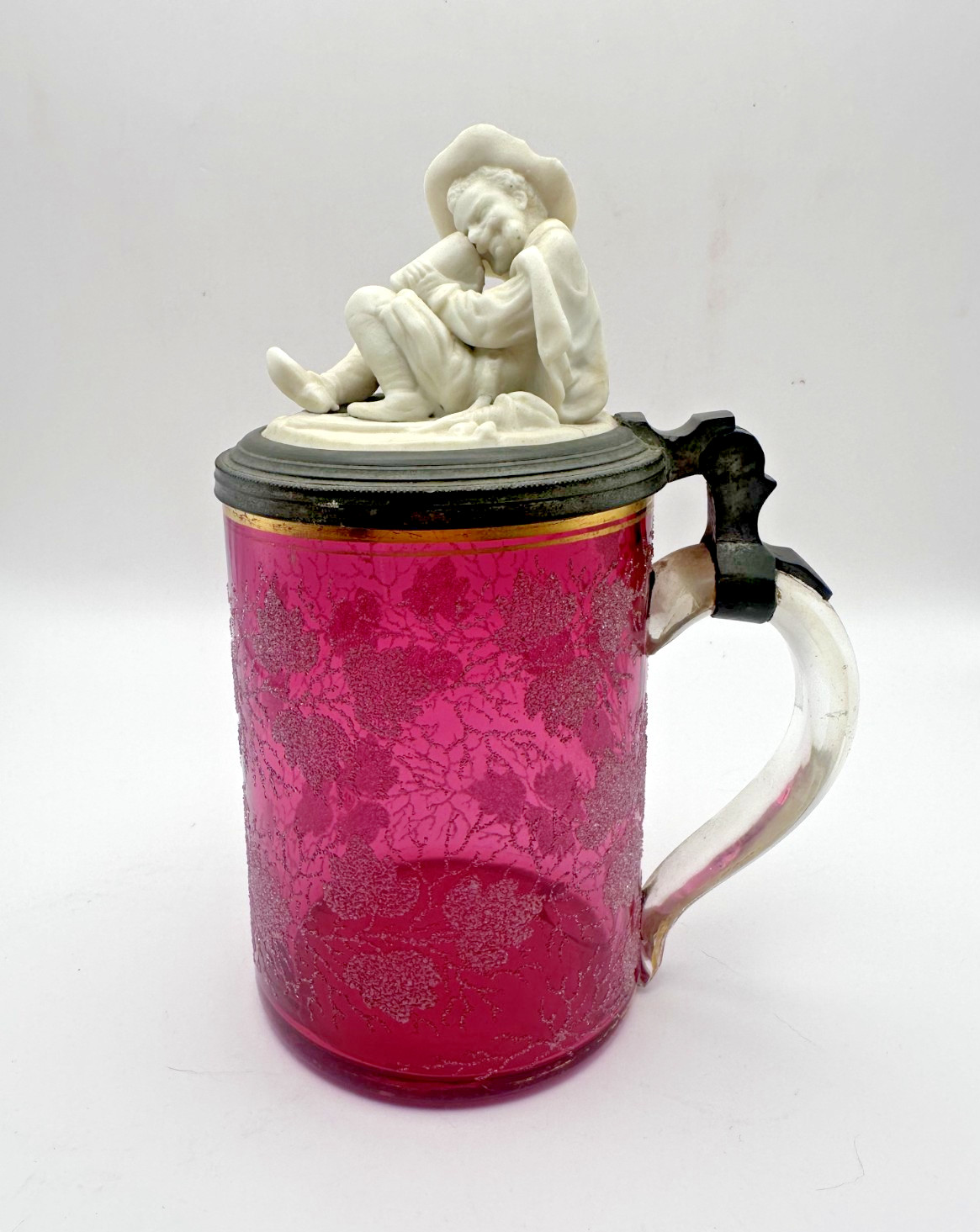 Antique German Cranberry Frosted Beer Stein w Porcelain Man Lid - AS IS - Cracks