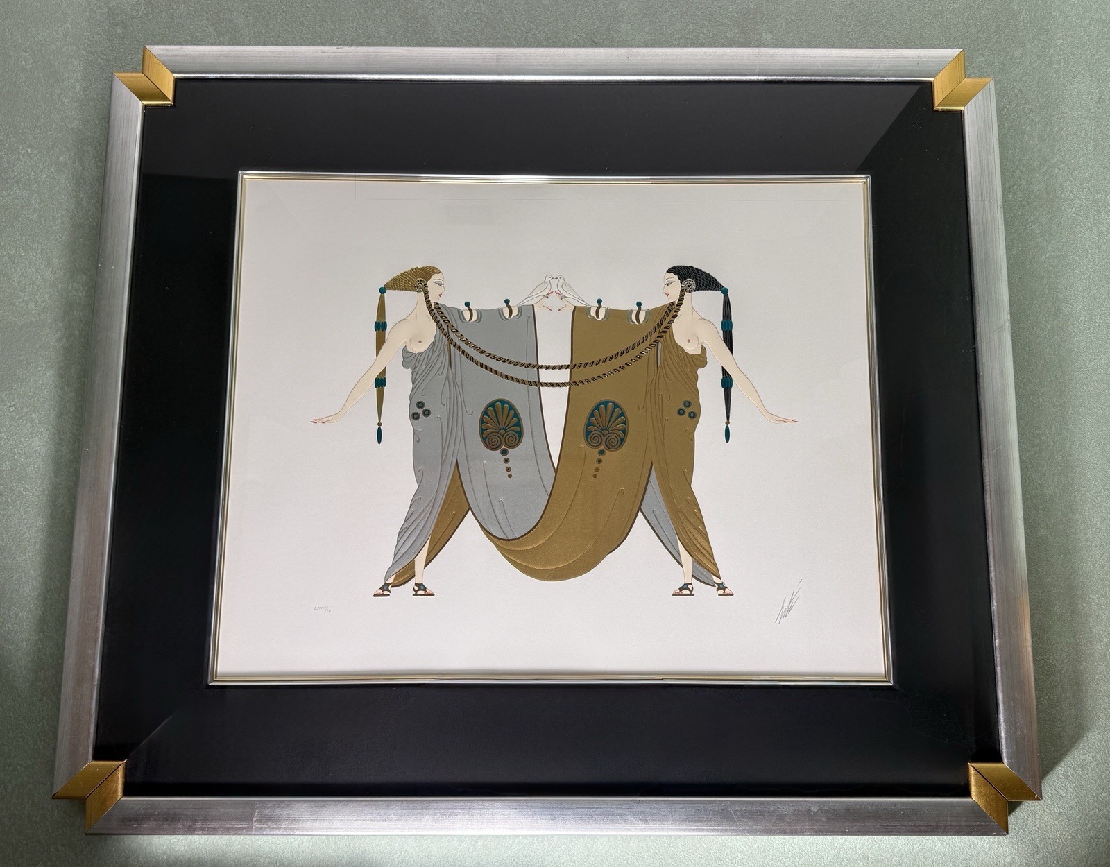 ERTE Sisters 1987 Hand Signed Embossed Foil Serigraph 84/150 Art Deco Framed