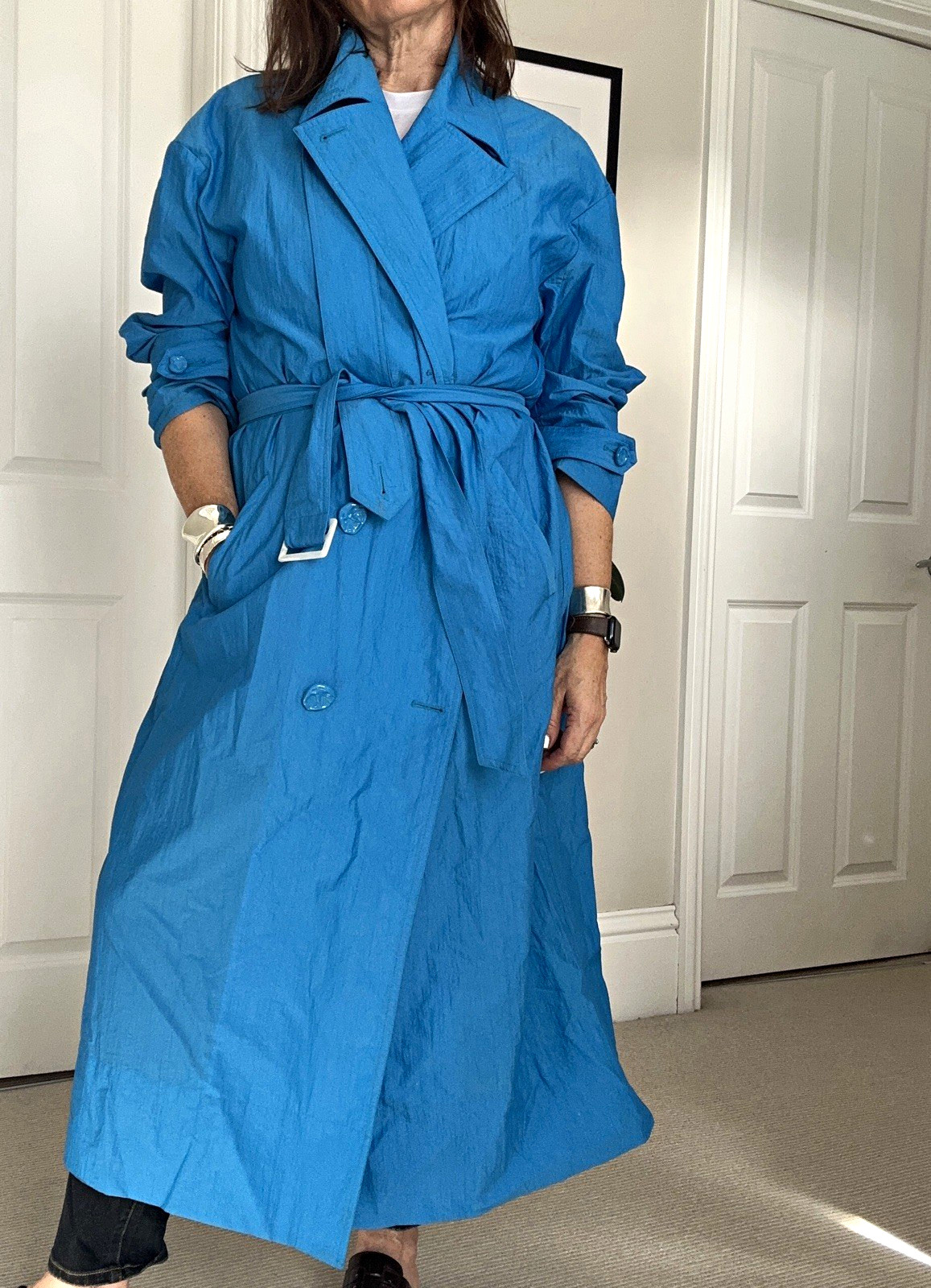 Tibi Women\'s Blue Longline Belted Trench Coat Button Size M Tibi Women\'s Blue Longline Belted Trench Coat Button Size M