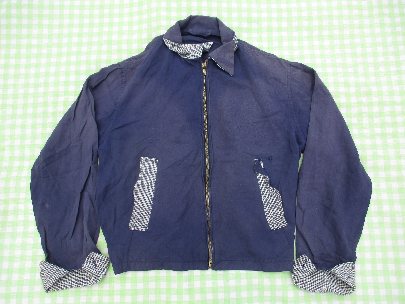 Vintage 50s Distressed Sun Faded Navy Blue Houndstooth Rockabilly Ricky Jacket M