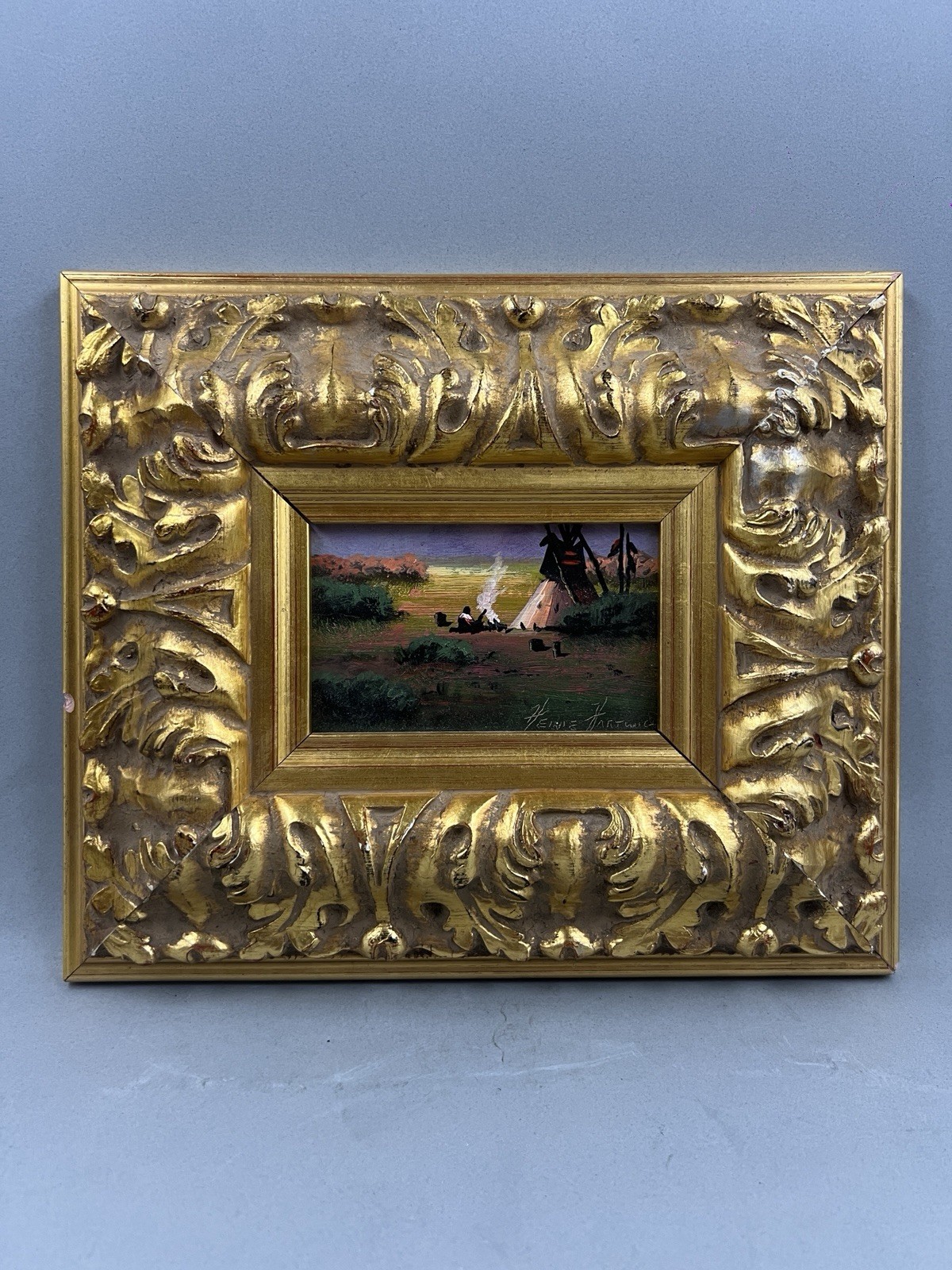 Original Heinie Hartwig Oil Painting Native American Indian Camp Western Motif