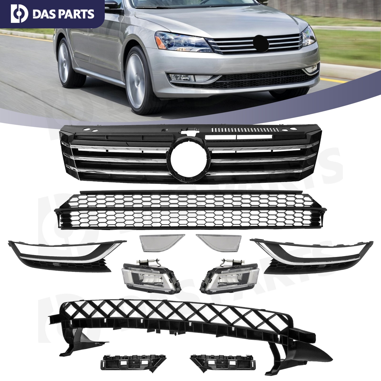 For 12-15 VW Volkswagen Passat Front Bumper Grille Kit w/Fog Light/Chrome Trim