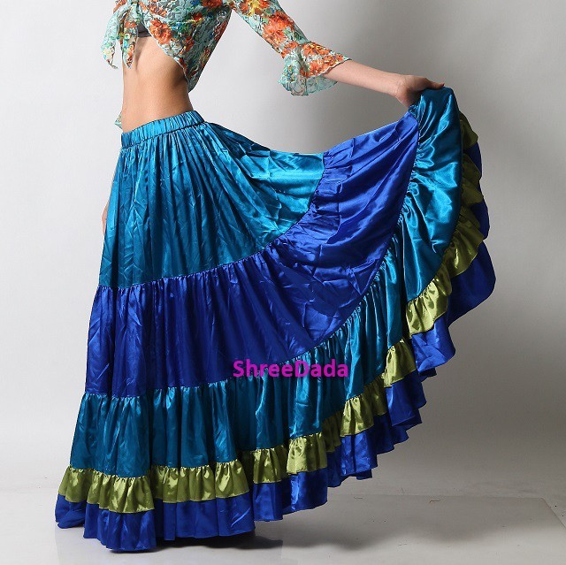 Mix Color Satin 6/12/25 Yard Tiered Gypsy Skirt Belly Dance Ruffle Flamenco Jupe