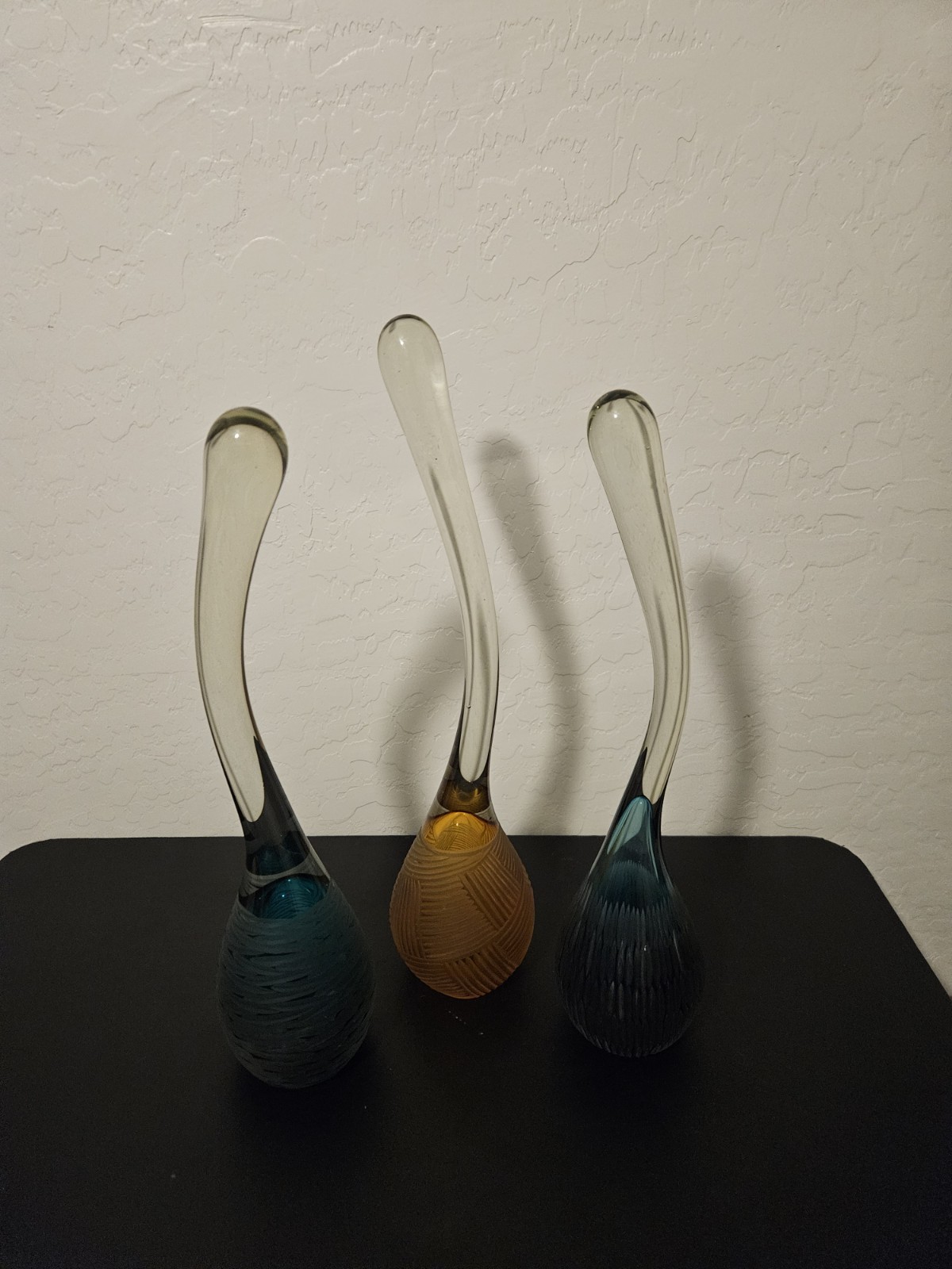 This Trio Of Handcrafted Artisan Art Glass Colorful Center Pieces Elongated